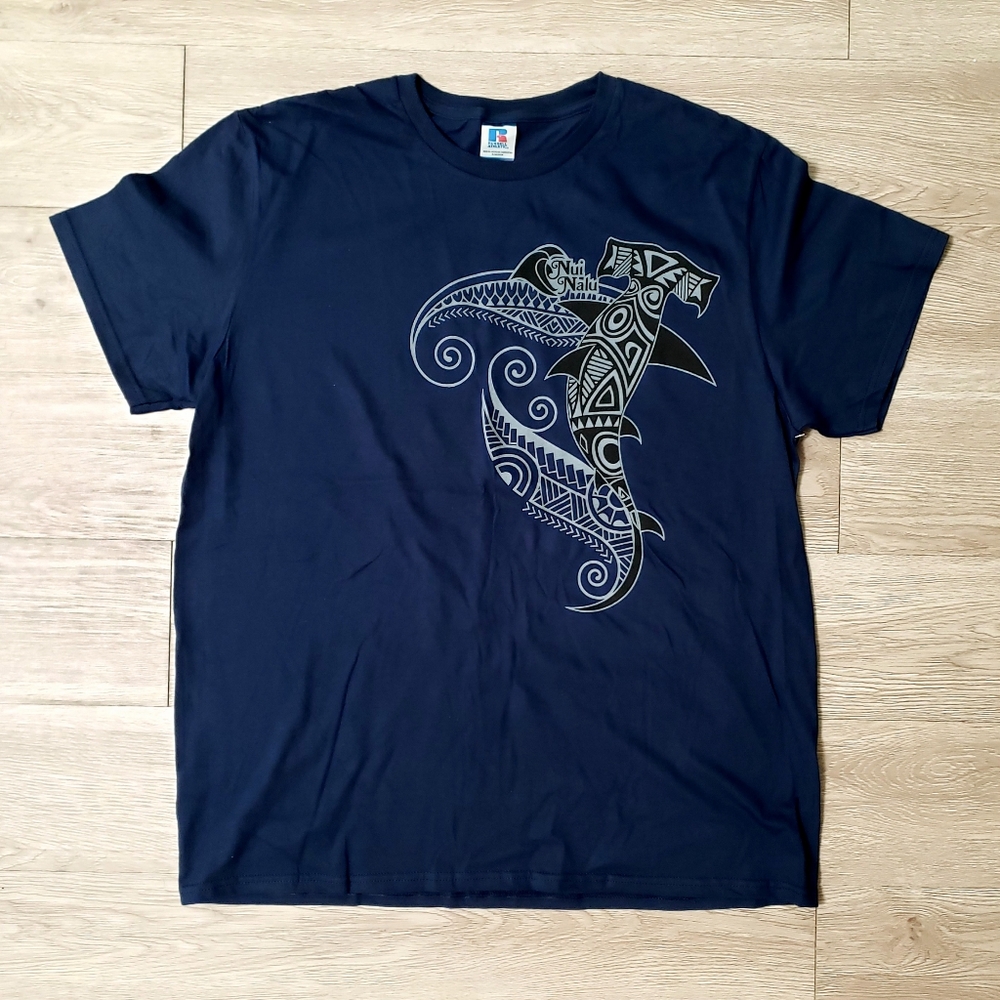 NWOT Men's XL navy blue Hawaii tribal logo short sleeve shirt ocean beach surf